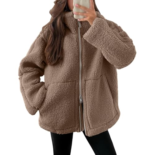 Guhmomh Teddyfleece Jacke Damen Winter Fleecejacke Winterjacke Reißverschluss Wintermantel mit Taschen Plüschjacke Einfarbig Flanellhemd Frauen Mantel Baumwolle Jacke Gutschein Kaffee XL von Guhmomh