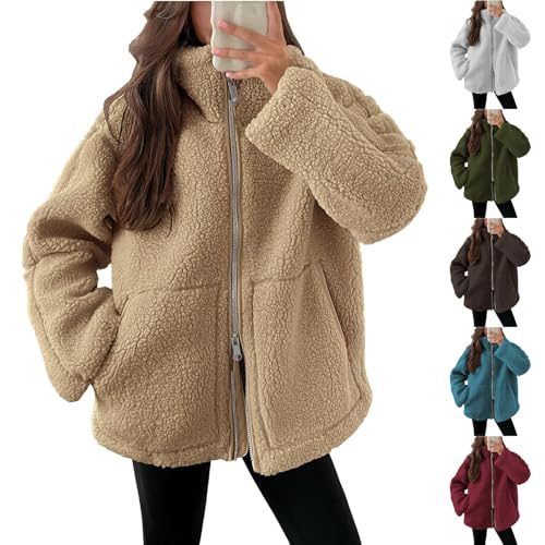Guhmomh Teddyfleece Jacke Damen Winter Fleecejacke Winterjacke Reißverschluss Wintermantel mit Taschen Plüschjacke Einfarbig Flanellhemd Frauen Mantel Baumwolle Jacke Gutscheine Khaki S von Guhmomh