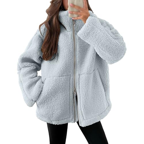 Guhmomh Teddyfleece Jacke Damen Winter Fleecejacke Winterjacke Reißverschluss Wintermantel mit Taschen Plüschjacke Einfarbig Flanellhemd Frauen Mantel Baumwolle Jacke Outlet Angebote Grau M von Guhmomh
