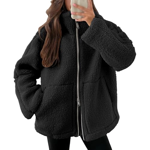 Guhmomh Teddyfleece Jacke Damen Winter Fleecejacke Winterjacke Reißverschluss Wintermantel mit Taschen Plüschjacke Einfarbig Flanellhemd Frauen Mantel Baumwolle Jacke Sale Angebote Schwarz S von Guhmomh