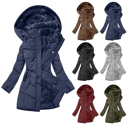 Guhmomh Winterjacke Damen Steppjacke Warmer Wintermantel Fleece Gefüttert Daunenjacke mit Kapuze Parka Elegant Winterparka Einfarbig Hoodie Bequemes Winddicht Mantel Gutschein Marine M von Guhmomh