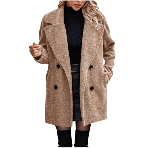 Guhmomh Winterjacke Damen Warm Wintermantel Baumwolle Fleecejacke Parka Elegant Winterparka Einfarbig Wollmantel Teddy Jacke Flanellhemd Dufflecoat Winddicht Revers Mantel mit Knöpfen Braun M von Guhmomh