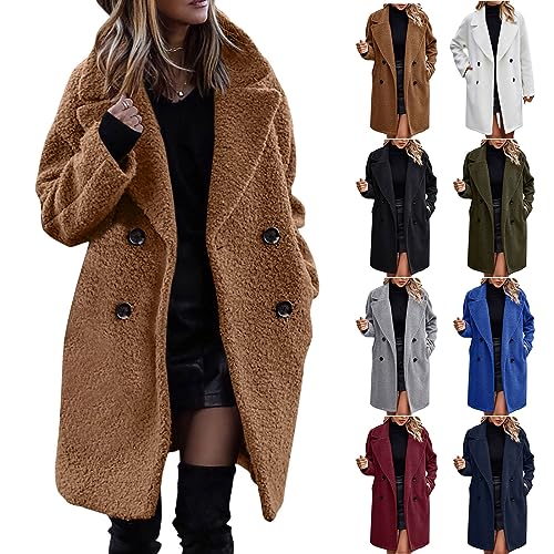 Guhmomh Winterjacke Damen Warm Wintermantel Baumwolle Fleecejacke Parka mit Taschen Elegant Winterparka Einfarbig Wollmantel Teddy Jacke Flanellhemd Dufflecoat Winddicht Mantel mit Knöpfen Braun S von Guhmomh
