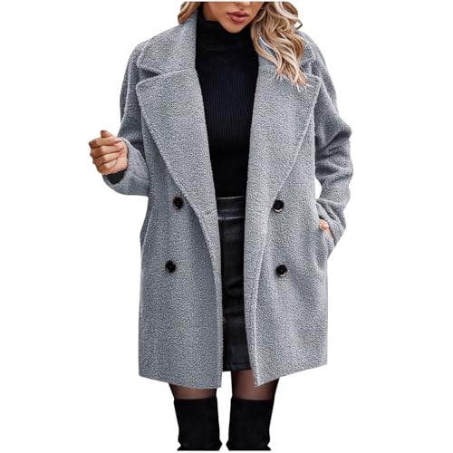 Guhmomh Winterjacke Damen Warm Wintermantel Baumwolle Fleecejacke Parka Elegant Winterparka Einfarbig Wollmantel Teddy Jacke Flanellhemd Dufflecoat Winddicht Revers Mantel mit Knöpfen Grau M von Guhmomh