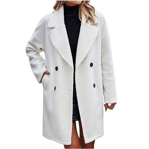 Guhmomh Winterjacke Damen Warm Wintermantel Baumwolle Fleecejacke Parka Elegant Winterparka Einfarbig Wollmantel Teddy Jacke Flanellhemd Dufflecoat Winddicht Revers Mantel mit Knöpfen Weiß S von Guhmomh
