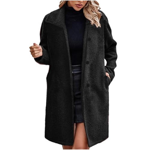 Guhmomh Winterjacke Damen Warm Wintermantel Baumwolle Fleecejacke Parka mit Taschen Elegant Winterparka Einfarbig Wollmantel Teddy Jacke Flanellhemd Dufflecoat Winddicht Revers Mantel Schwarz XXL von Guhmomh