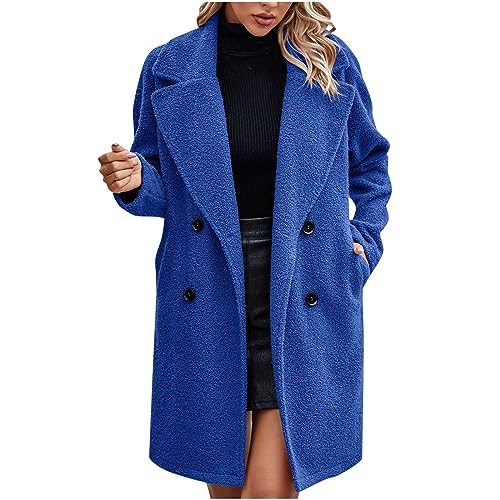 Guhmomh Winterjacke Damen Warm Wintermantel Baumwolle Fleecejacke Parka mit Taschen Elegant Winterparka Einfarbig Wollmantel Teddy Jacke Flanellhemd Dufflecoat Winddicht Mantel mit Knöpfen Blau XL von Guhmomh