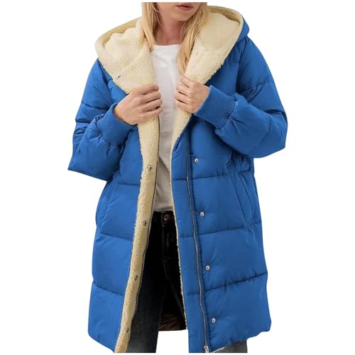 Guhmomh Winterjacke Damen Wintermantel Lange Steppjacke Warme Gefüttert Daunenjacke Langarm Parka mit Kapuze Winterparka Einfarbig Hoodie Reißverschluss Mantel Damen Sale Blau S von Guhmomh