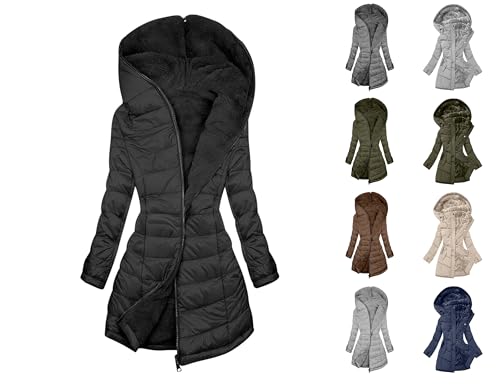 Guhmomh Winterjacke Damen Wintermantel mit Kapuze Steppjacke Fleecejacke Warme Gefüttert Daunenjacke Elegant Winterparka Einfarbig Hoodie Bequemes Jacke Winddicht Mantel Gutscheine Schwarz S von Guhmomh