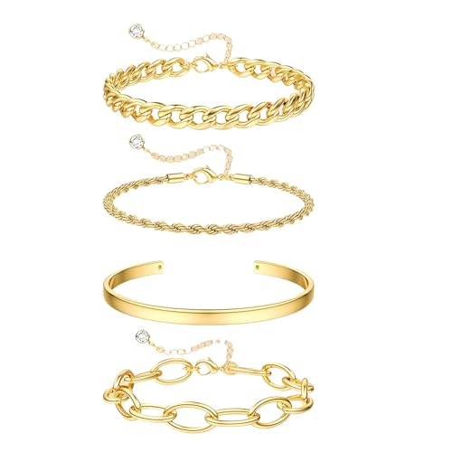 4 Stück Armband Damen Gold 14 Karat Vergoldet Stapelarmbänder,Edelstahl Figaro Perlen Ketten Armbänder Verstellbare Armband Set Wasserdichter Gold Schmuck für Damen 4 Stück Armband Damen Gold 14 Karat Vergoldet Stapelarmbänder,Edelstahl Figaro Perlen Ketten Armbänder Verstellbare Armband Set Wasserdichter Gold Schmuck für Damen von Guidre
