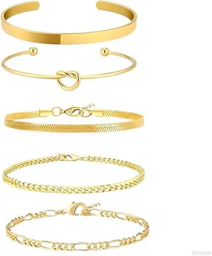 Guidre 5 Stück Gold Armreif Armbänder für Damen, 14k Vergoldet Multi Layer stapelbar Manschette Armband Set Offen Einstellbar Armreif Minimalist texturiert Boho Schmuck Geschenk für Muttertag von Guidre