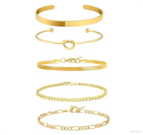 5 Stück Gold Armbänder Armband Damen,Damen Gold 18 Karat Vergoldet Stapelarmbänder Edelstahl Figaro Perlen Ketten Armbänder Verstellbare Armband Set Modeschmuck von Guidre