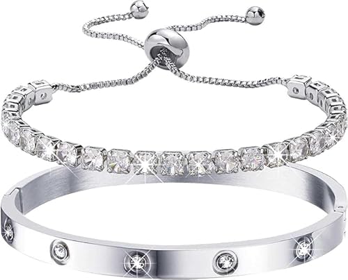 Guidre 2PCS Schmuck Damen Armreif Edelstahl Zirkonia einfache Stil Armband 6mm+Tennis Armband Damen Silber Verstellbares Kristall Zirkonia Armbänder Armbänder Schmuck Geschenk Silber (A) von Guidre