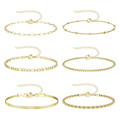 6 Stück Armreifen Gold Damen Schmucksets für Damen Armband 14K Vergoldet Armband Boho Gold Personalisiertes Armband Größenverstellbare Gliederkette Ketten Armbander Set Modeschmuck Für Damen Mädchen von Guidre