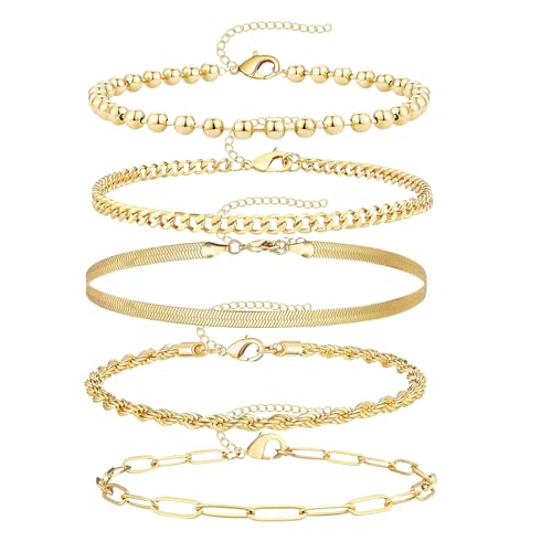 5 Stück Armband Damen Gold Schmucksets für Damen Armband 14K Vergoldet Armband Boho Gold Personalisiertes Armband Größenverstellbare Gliederkette Ketten Armbander Set Modeschmuck Für Damen Mädchen von Guidre