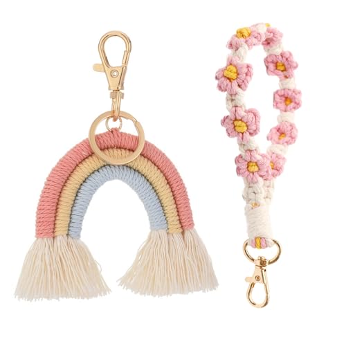 Guidre Schlüsselanhänger Boho, Makramee Schlüsselanhänger, Schlüsselanhänger Blume, Boho Regenbogen Schlüsselanhänger, Gänseblümchen-Design Keychain für Frauen Mädchen Boho für Damen von Guidre