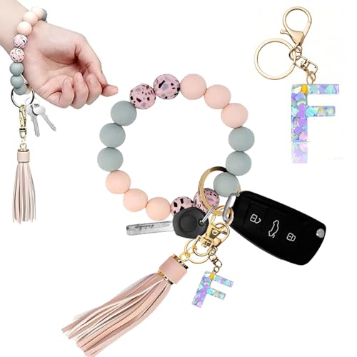 Guidre Schlüsselanhänger mit Buchstabe,Schlüsselanhänger Auto Frauen Schlüsselanhänger Armband Autoschlüsselanhänger mit Buchstabe Perlen Quaste Weihnachtstag Geschenke für Frauen (F) von Guidre