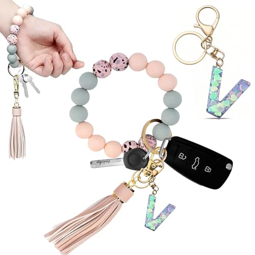 Guidre Schlüsselanhänger mit Buchstabe,Schlüsselanhänger Auto Frauen Schlüsselanhänger Armband Autoschlüsselanhänger mit Buchstabe Perlen Quaste Weihnachtstag Geschenke für Frauen (V) von Guidre