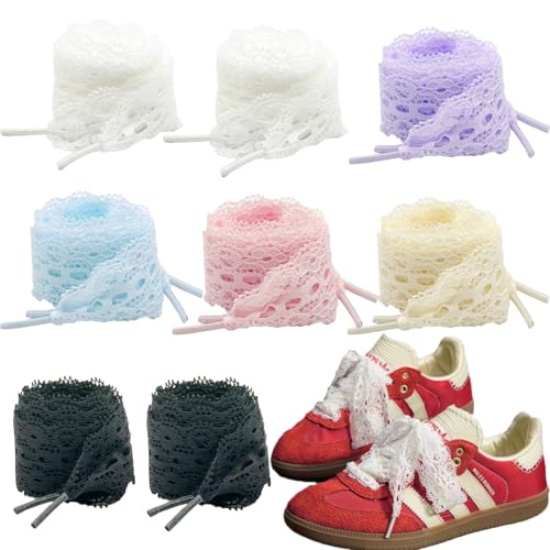 Guiguishiny 8 Paar Spitzen Schnürsenkel,3cm Breit,100cm Lang Flache hohle Blumen Spitze Schnürsenkel, Ballett-Stil,elastische Spitze,Schnürsenkel für süße Mädchen von Guiguishiny