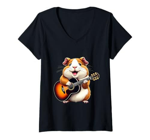 Damen Lustiges Meerschweinchen-Gitarren-Design für Musikliebhaber T-Shirt mit V-Ausschnitt von Guinea Pig Lovers Designs