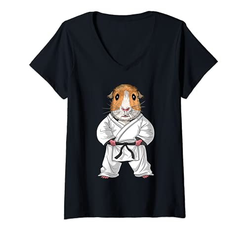 Damen Meerschweinchen Karate Kickboxing Jiu-Jitsu Judo Kampfkunst T-Shirt mit V-Ausschnitt von Guinea Pig Martial Arts Funny Clothing