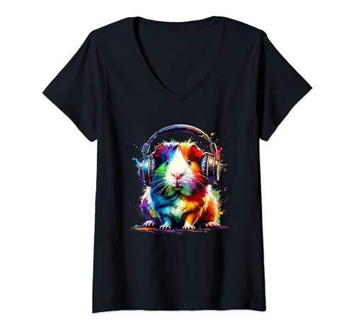 Damen Bunte Splash Art Kopfhörer Meerschweinchenliebhaber Meerschweinchen T-Shirt mit V-Ausschnitt Damen Bunte Splash Art Kopfhörer Meerschweinchenliebhaber Meerschweinchen T-Shirt mit V-Ausschnitt von Guinea Pigs Gift For A Guinea Pig Lover