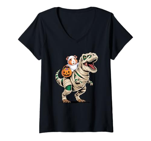 Damen Halloween T-Rex Dinosaurier Meerschweinchen Mumie T-Shirt mit V-Ausschnitt Damen Halloween T-Rex Dinosaurier Meerschweinchen Mumie T-Shirt mit V-Ausschnitt von Guinea Pigs Lover Gifts