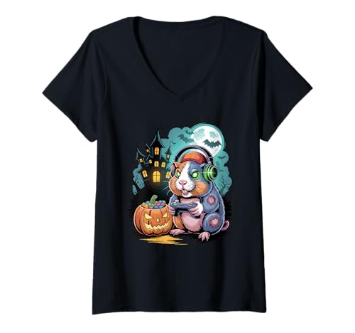 Damen Halloween Zombie Meerschweinchen Gamer Verlassenes Gaming T-Shirt mit V-Ausschnitt Damen Halloween Zombie Meerschweinchen Gamer Verlassenes Gaming T-Shirt mit V-Ausschnitt von Guinea Pigs Lover Gifts
