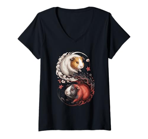 Damen Japanische Kunst Meerschweinchen Gut Und Teufel T-Shirt mit V-Ausschnitt von Guinea Pigs Lover Gifts