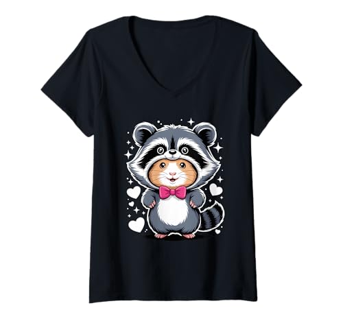 Damen Kawaii Meerschweinchen Waschbär Kostüm T-Shirt mit V-Ausschnitt von Guinea Pigs Lover Gifts