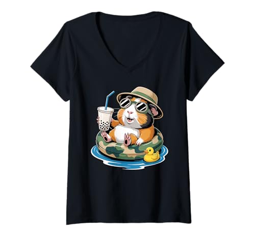 Damen Meerschweinchen Boba Perle Milchtee T-Shirt mit V-Ausschnitt von Guinea Pigs Lover Gifts