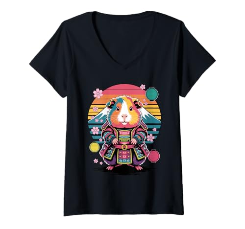 Damen Retro Meerschweinchen Samurai T-Shirt mit V-Ausschnitt von Guinea Pigs Lover Gifts