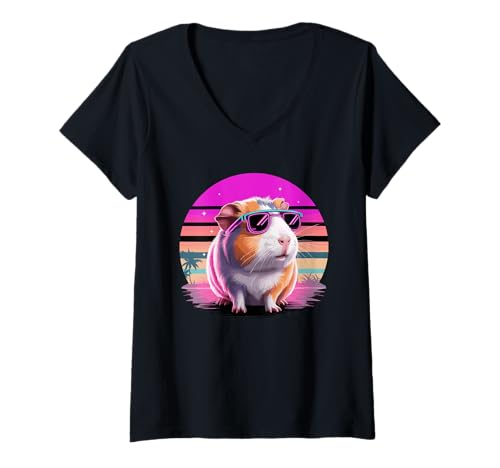 Damen Retro Synthwave Meerschweinchen Sonnenbrille T-Shirt mit V-Ausschnitt von Guinea Pigs Lover Gifts
