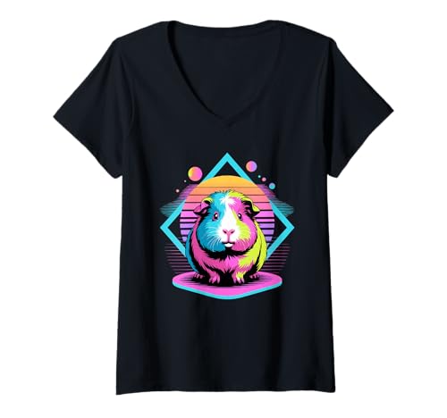 Damen Retro Synthwave Meerschweinchen T-Shirt mit V-Ausschnitt Damen Retro Synthwave Meerschweinchen T-Shirt mit V-Ausschnitt von Guinea Pigs Lover Gifts