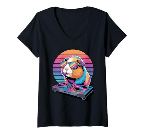 Damen Synthwave Meerschweinchen DJ Sonnenbrille T-Shirt mit V-Ausschnitt von Guinea Pigs Lover Gifts