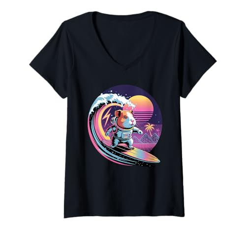 Damen Synthwave Surfer Meerschweinchen Astronaut T-Shirt mit V-Ausschnitt von Guinea Pigs Lover Gifts