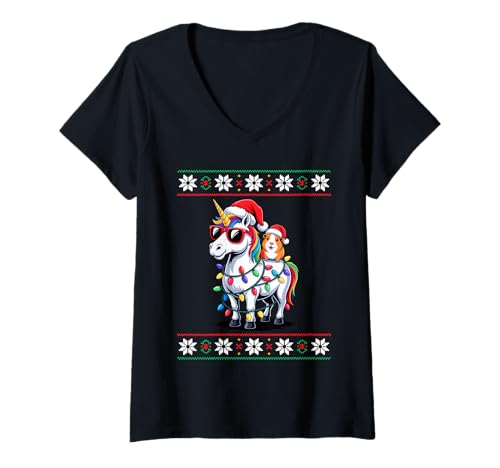 Damen Weihnachten Meerschweinchen Einhorn Sonnenbrille T-Shirt mit V-Ausschnitt Damen Weihnachten Meerschweinchen Einhorn Sonnenbrille T-Shirt mit V-Ausschnitt von Guinea Pigs Lover Gifts