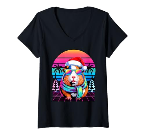 Damen Weihnachten Synthwave Meerschweinchen Sonnenbrille T-Shirt mit V-Ausschnitt von Guinea Pigs Lover Gifts