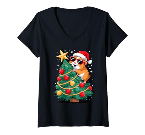 Damen Weihnachtsbaum Meerschweinchen Sonnenbrille T-Shirt mit V-Ausschnitt von Guinea Pigs Lover Gifts