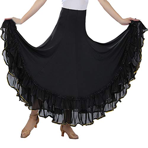 Damen Flamenco Dance Lange Rock Maxirock Tanzrock Faltenrock Tango Latein Walzer Bauchtanz Ballroom Wettbewerb Kostüm Schwarz Einheitsgröße von Guiran