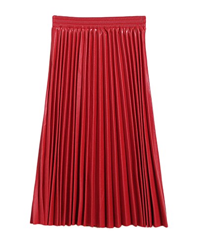 Damen Hohe Taille Röck Flared Kunstleder Ausgestellt Lederrock Lang Plisseerock Rot von Guiran