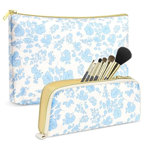 Guiran 2er-Set Gesteppte Make-up-Taschen, Florale Kosmetiktaschen aus Baumwolle, Große Reise-Toilettentaschen, Ästhetische und niedliche Schminktaschen für Damen und Mädchen von Guiran