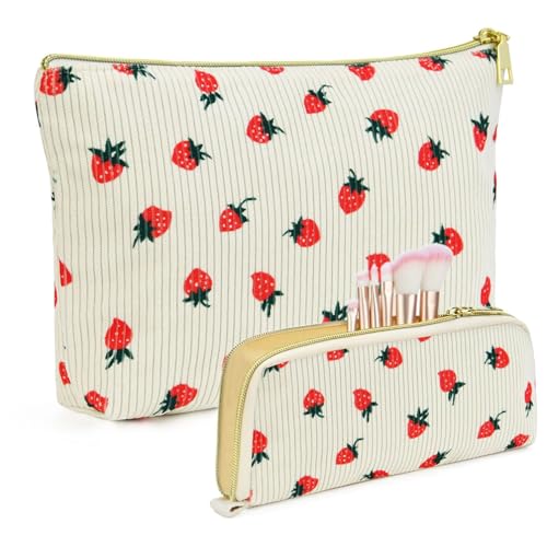 Guiran 2er-Set Gesteppte Make-up-Taschen, Florale Kosmetiktaschen aus Baumwolle, Große Reise-Toilettentaschen, Ästhetische und niedliche Schminktaschen für Damen und Mädchen von Guiran