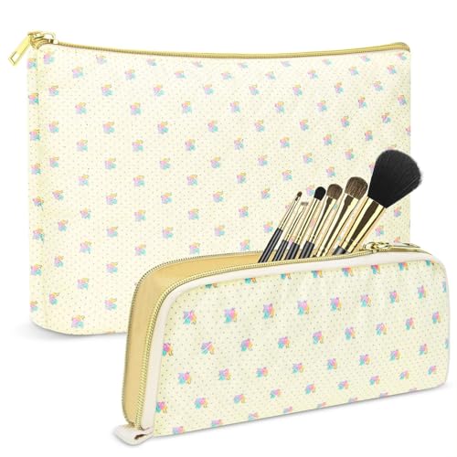 Guiran 2er-Set Gesteppte Make-up-Taschen, Florale Kosmetiktaschen aus Baumwolle, Große Reise-Toilettentaschen, Ästhetische und niedliche Schminktaschen für Damen und Mädchen von Guiran
