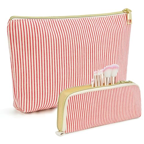 Guiran 2er-Set Gesteppte Make-up-Taschen, Florale Kosmetiktaschen aus Baumwolle, Große Reise-Toilettentaschen, Ästhetische und niedliche Schminktaschen für Damen und Mädchen von Guiran