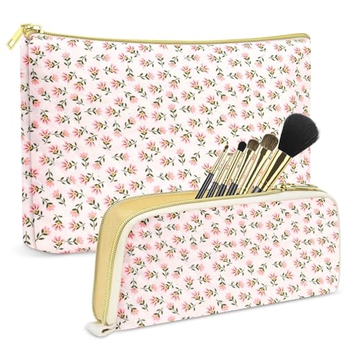 Guiran 2er-Set Gesteppte Make-up-Taschen, Florale Kosmetiktaschen aus Baumwolle, Große Reise-Toilettentaschen, Ästhetische und niedliche Schminktaschen für Damen und Mädchen von Guiran
