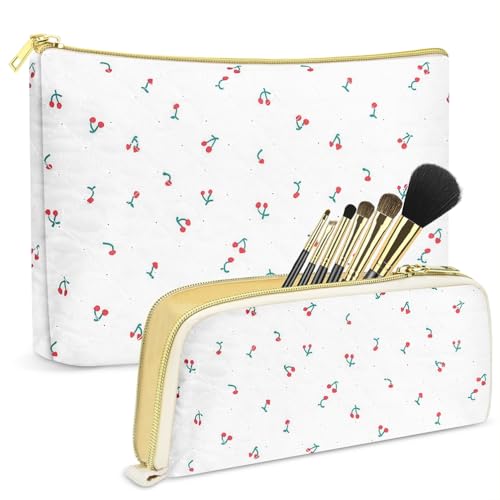 Guiran 2er-Set Gesteppte Make-up-Taschen, Florale Kosmetiktaschen aus Baumwolle, Große Reise-Toilettentaschen, Ästhetische und niedliche Schminktaschen für Damen und Mädchen von Guiran