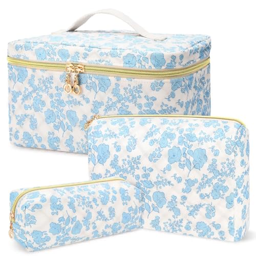 Guiran 3-teiliges Kosmetiktaschen-Set für Damen – Reisetaschen für Toilettenartikel, Quilted Toiletry Bag mit Blumenmuster, Make-up Tasche im ästhetischen Blumen-Design für Mädchen und Frauen von Guiran