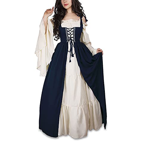 Guiran Damen Mittelalterliche Kleid mit Trompetenärmel Mittelalter Party Kostüm Maxikleid Blau 2XL von Guiran