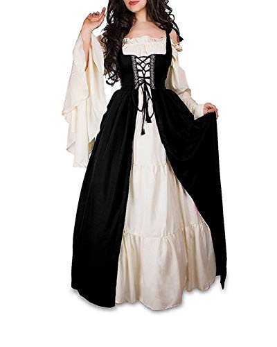 Guiran Damen Mittelalterliche Kleid mit Trompetenärmel Mittelalter Party Kostüm Maxikleid Schwarz 3XL von Guiran